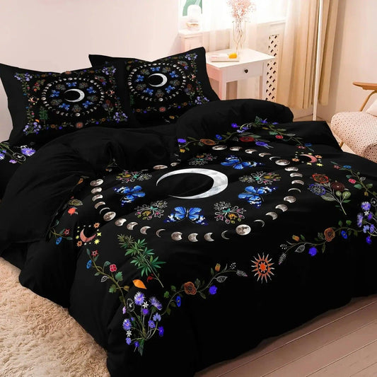 Crescent Moon & Moon Phases Duvet Cover Set Wiccan Bedding Set Pagan Home Decor-MoonChildWorld