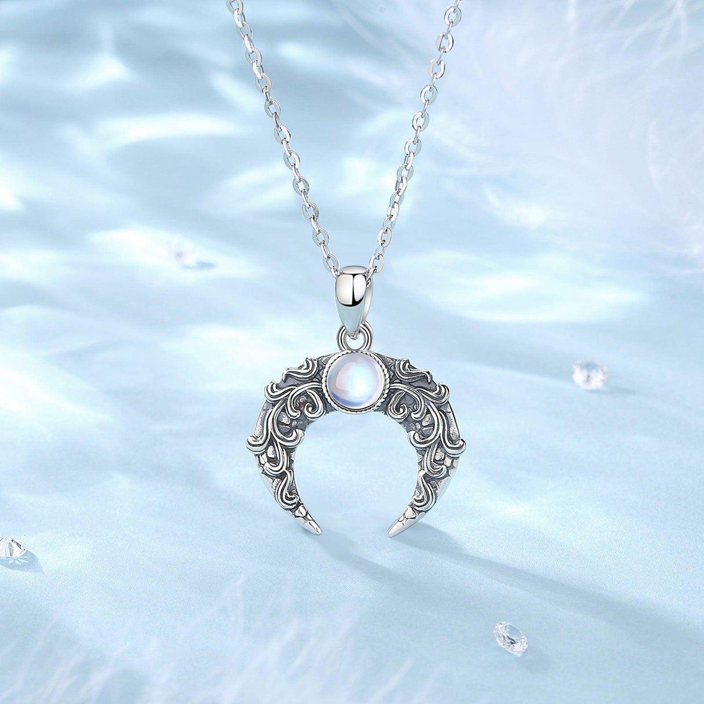 Exquisite 925 sterling silver Crescent Moon Necklace with a glowing center stone and delicate chain.