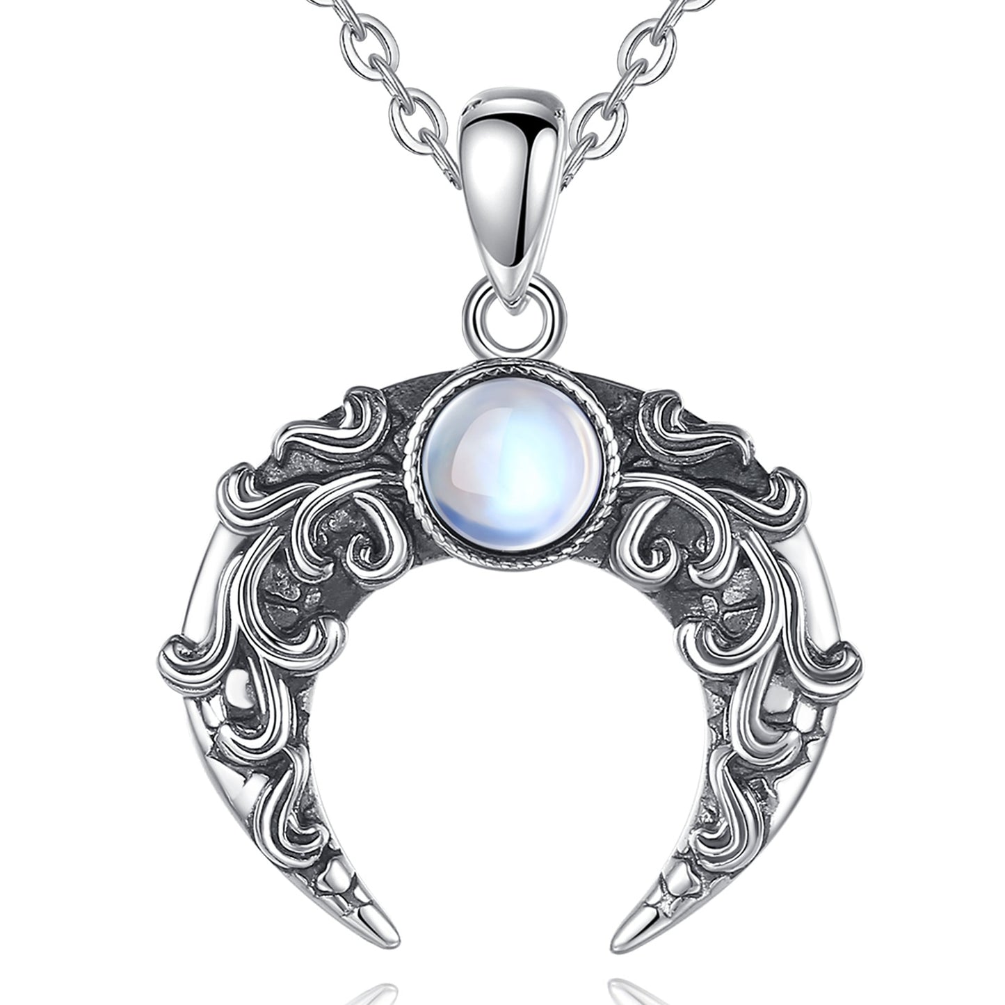 Exquisite 925 sterling silver Crescent Moon Necklace with a glowing round gemstone and intricate scrollwork.