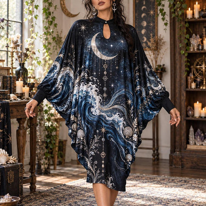 Crescent Moon Ocean Celestial Batwing Dress – Sea Witch Wave Midi – worn, front view