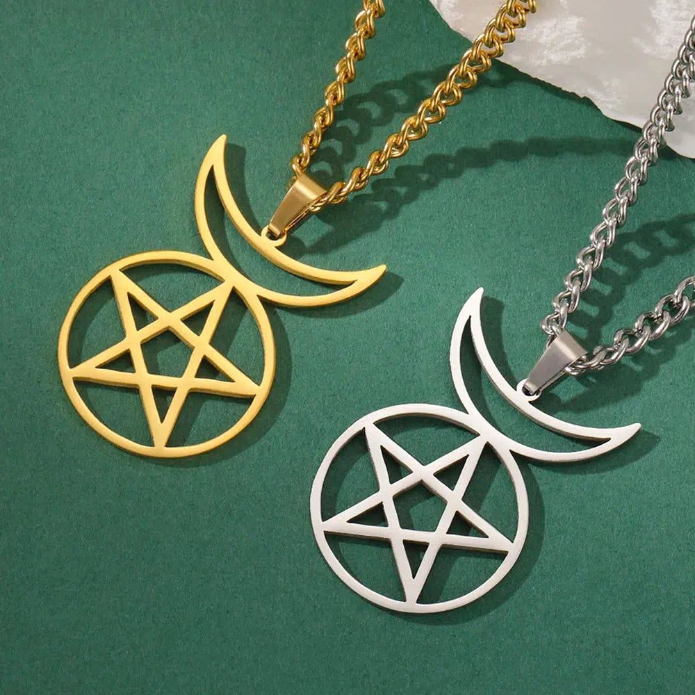 Gold and silver stainless steel Crescent Moon Pentacle necklaces, 50cm, for Wiccan style.