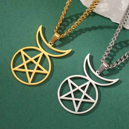 Gold and silver stainless steel Crescent Moon Pentacle necklaces, 50cm, for Wiccan style.