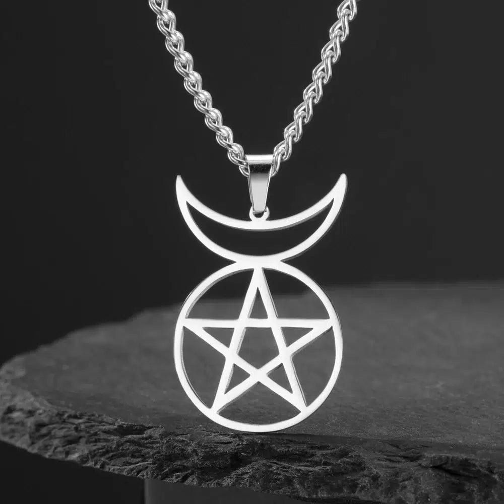 Enchanting stainless steel Crescent Moon Pentacle Necklace, perfect for Wiccan style.