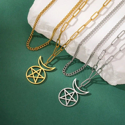 Enchanting gold and silver stainless steel Crescent Moon Pentacle Necklaces, perfect for your mystical journey.