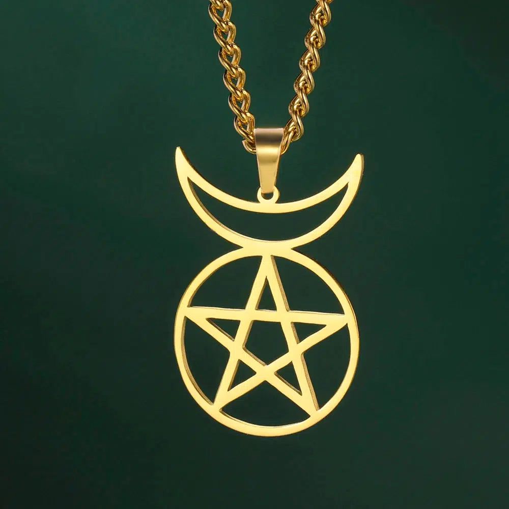Enchanting gold stainless steel Crescent Moon Pentacle Necklace, perfect for your mystical, Wiccan style.