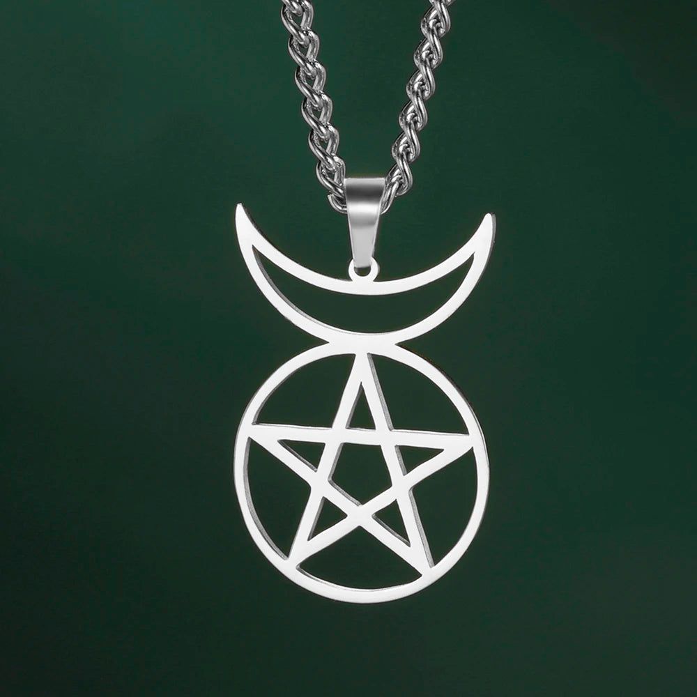 Stainless steel Crescent Moon Pentacle Necklace, 50cm, for Wiccan style.
