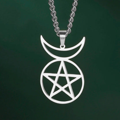Stainless steel Crescent Moon Pentacle Necklace, 50cm, for Wiccan style.