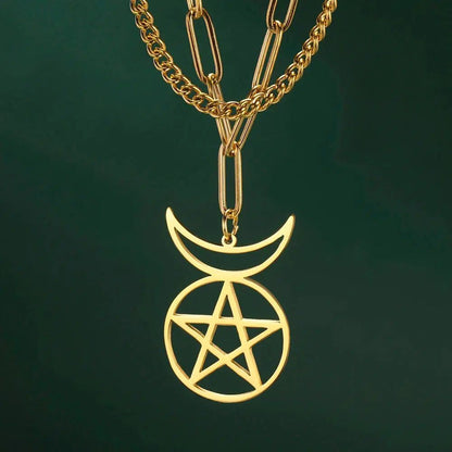 Gold stainless steel Crescent Moon Pentacle Necklace, 50cm, with two chains, symbolizing celestial and earthly harmony.