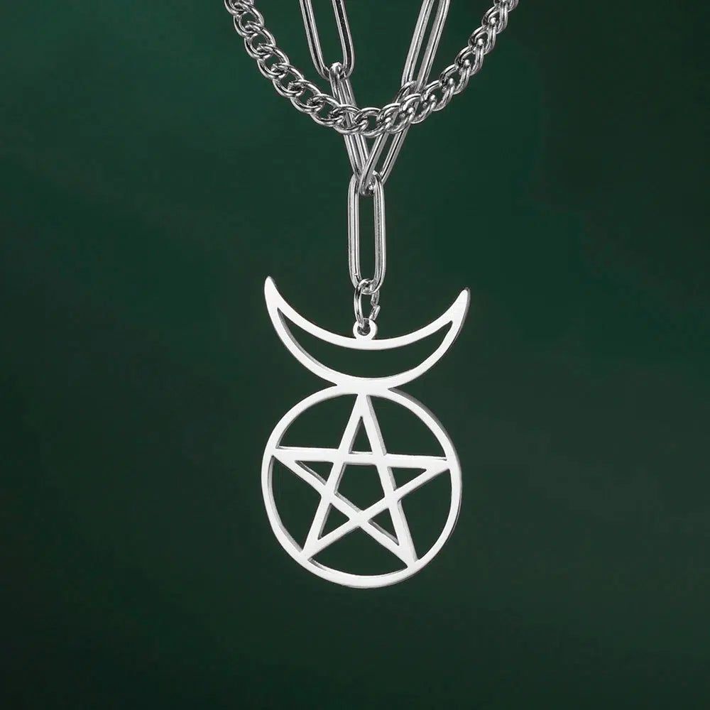 Stainless steel Crescent Moon Pentacle Necklace, 50cm, for Wiccan style. Durable, rustproof, non-allergenic.
