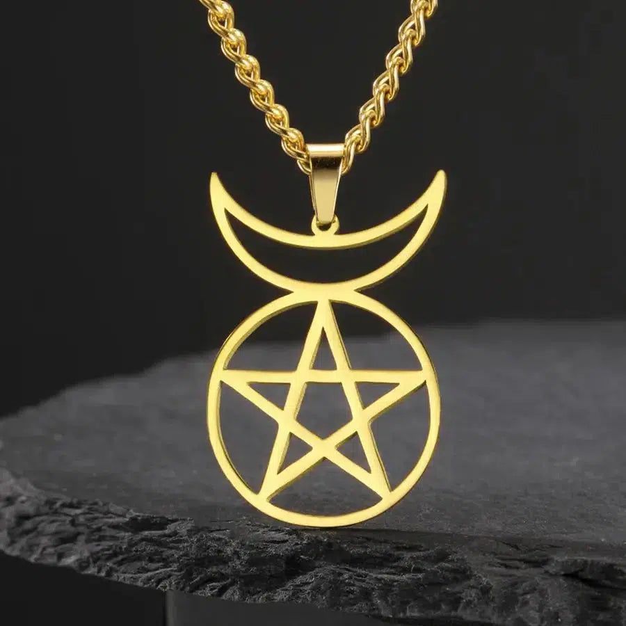 Gold stainless steel Crescent Moon Pentacle Necklace, 50cm, for Wiccan style.