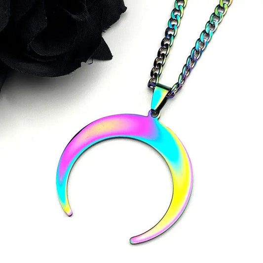 Crescent Moon Rainbow Color Witchy Necklace Gothic Jewelry-MoonChildWorld