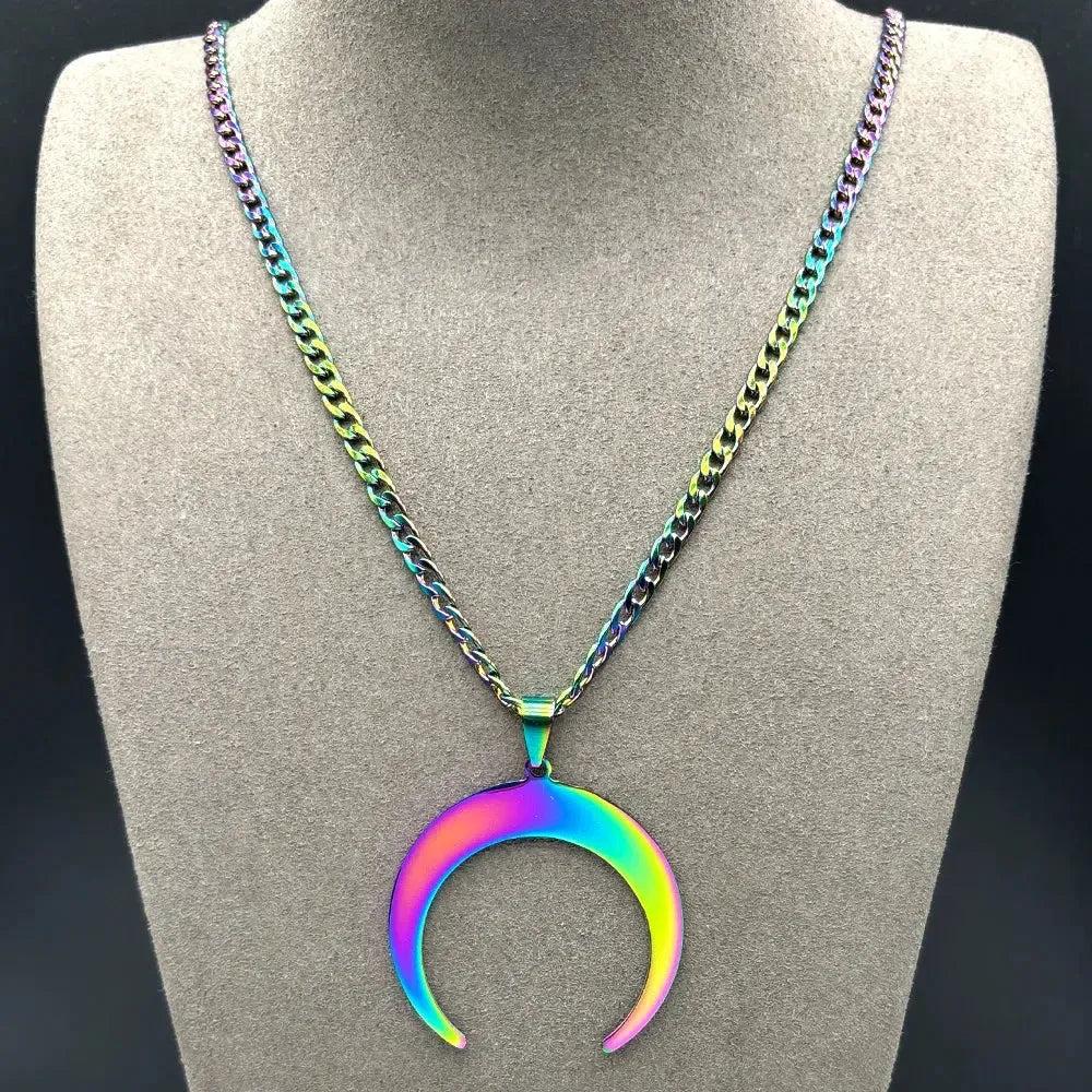 Crescent Moon Rainbow Color Witchy Necklace Gothic Jewelry-MoonChildWorld