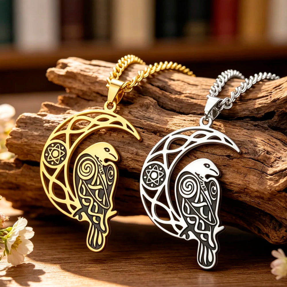 Crescent Moon Raven Necklace – steel-color and gold-color variants