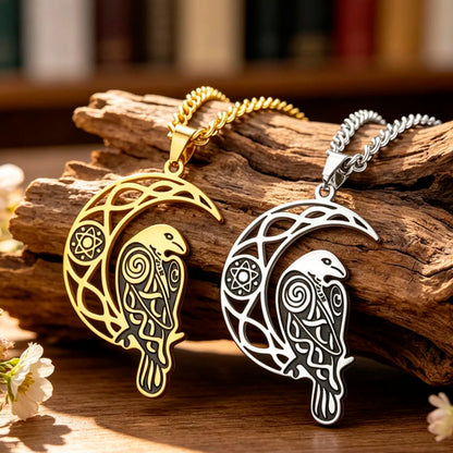 Crescent Moon Raven Necklace – steel-color and gold-color variants