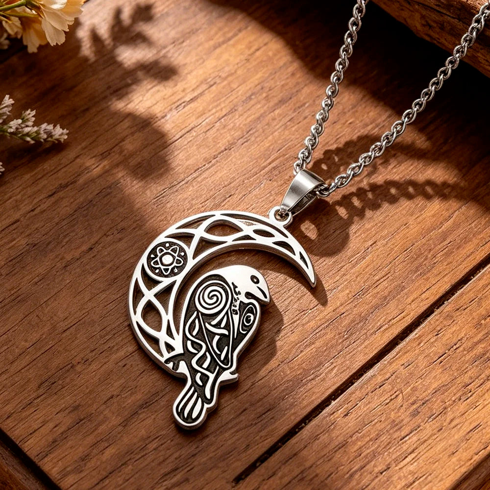 Crescent Moon Raven Necklace – close-up of raven pendant