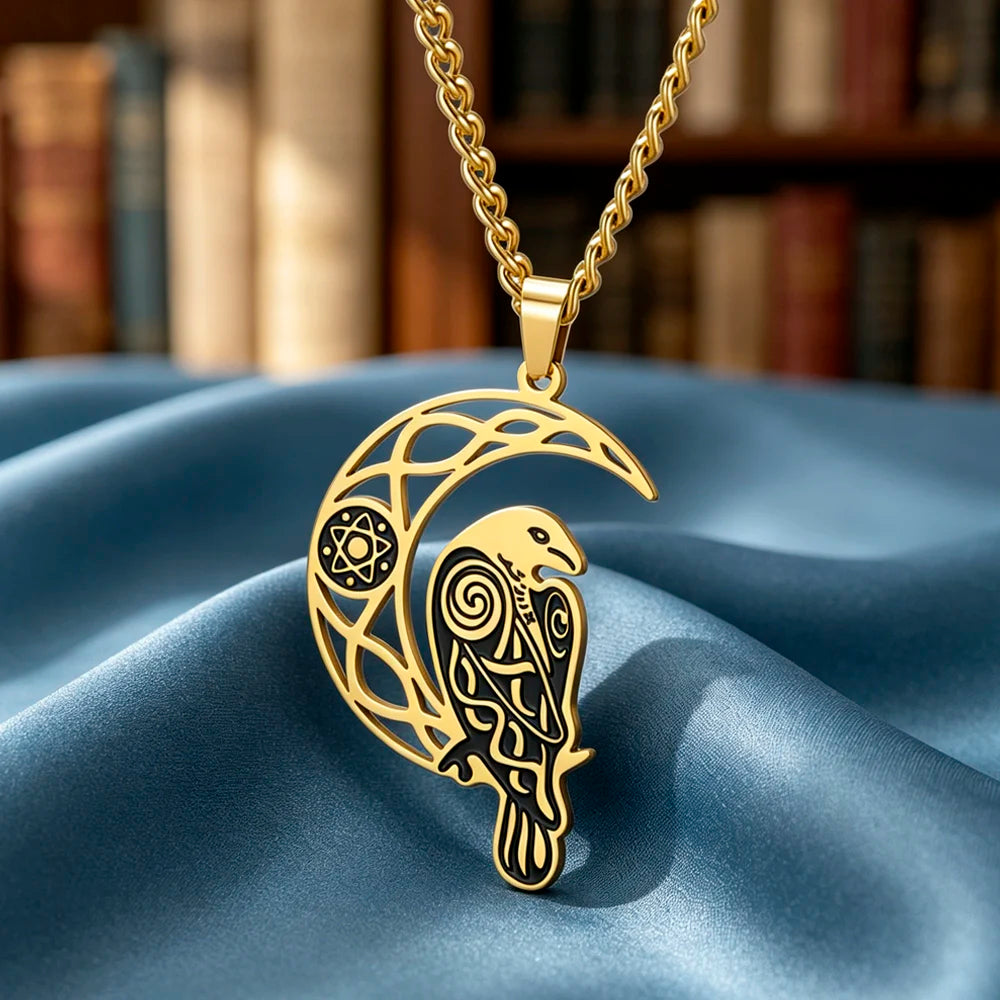 Crescent Moon Raven Necklace – worn around neck