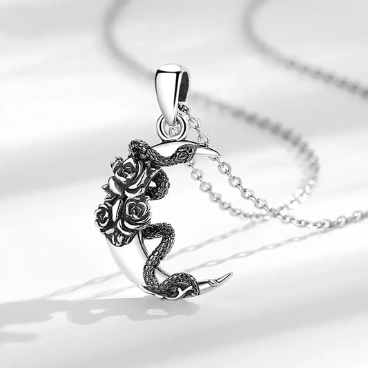 Crescent Moon Snake Rose Necklace, 925 Sterling Silver, product view 2 of 5