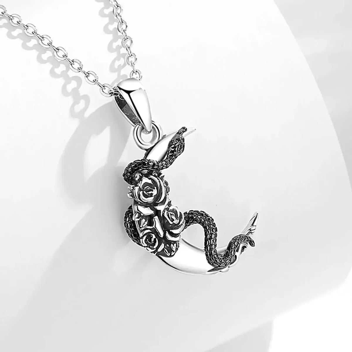 Crescent Moon Snake Rose Necklace, 925 Sterling Silver, product view 3 of 5