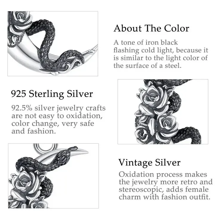 Crescent Moon Snake Rose Necklace, 925 Sterling Silver, product view 4 of 5