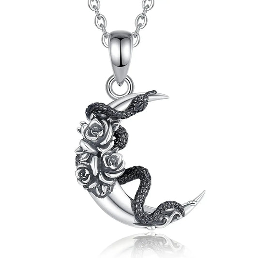 Crescent Moon Snake Rose Necklace, 925 Sterling Silver, product view 1 of 5