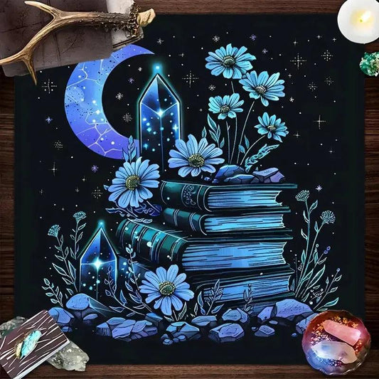 Crescent Moon Stars Crystals & Book Witch Altar Cloth - Witchcraft Tarot Tablecloth for Reading Divination Wicca Home Decor-MoonChildWorld