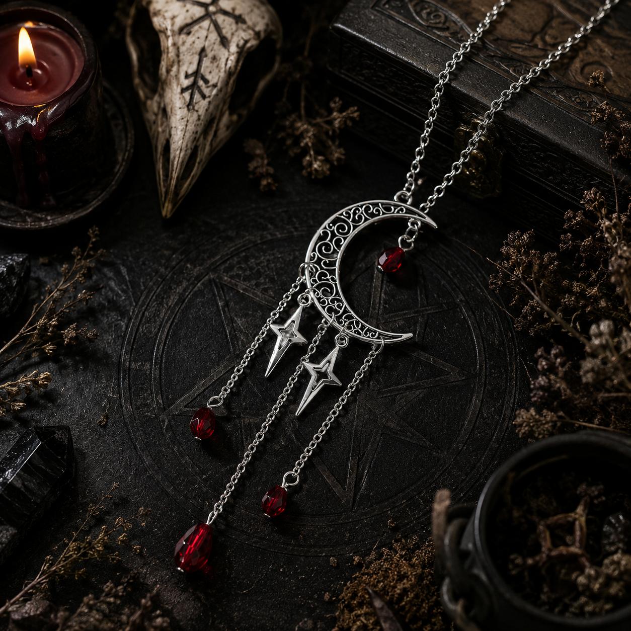 Crescent Moon Tassel Necklace Witchy Jewelry-MoonChildWorld