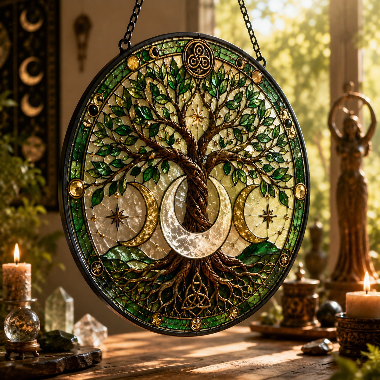 Crescent Moon Tree of Life Glass Suncatcher - close up detail