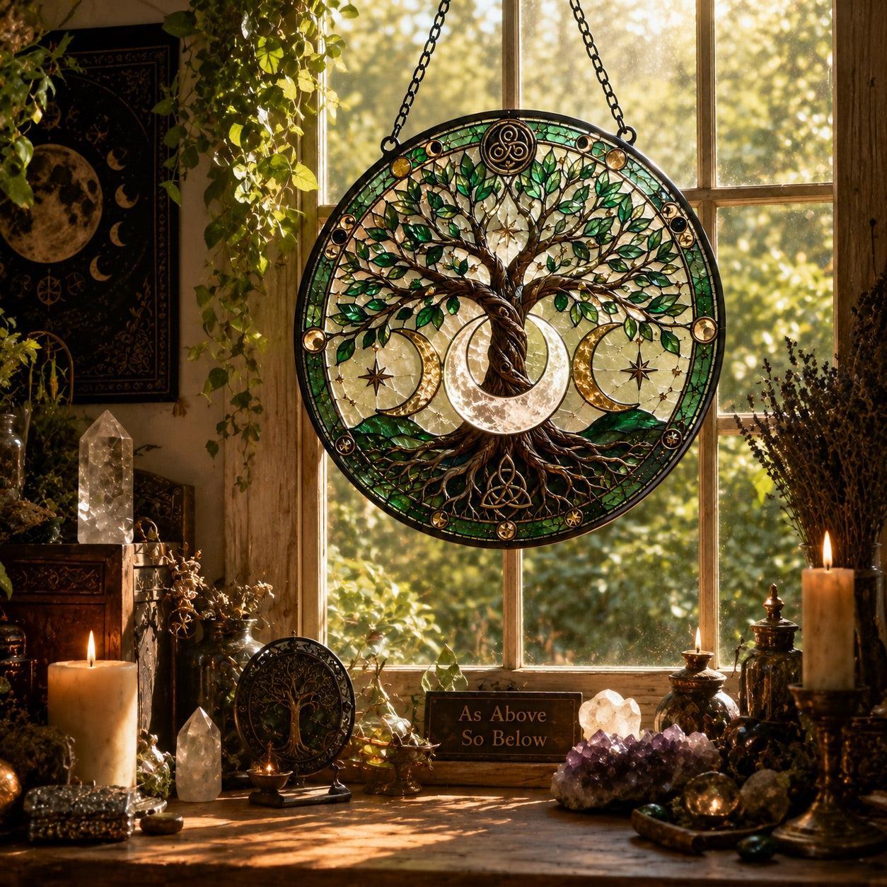 Crescent Moon Tree of Life Glass Suncatcher - sunlight glow