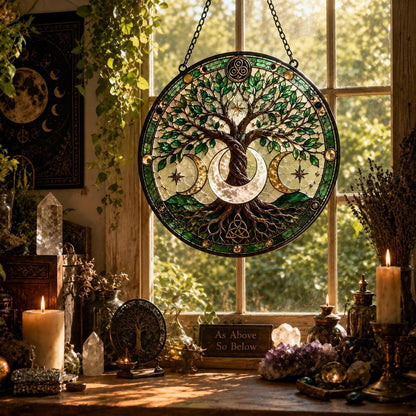 Crescent Moon Tree of Life Glass Suncatcher - sunlight glow