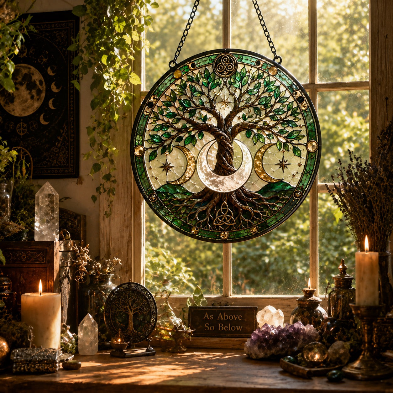 Crescent Moon Tree of Life Glass Suncatcher - sunlight glow