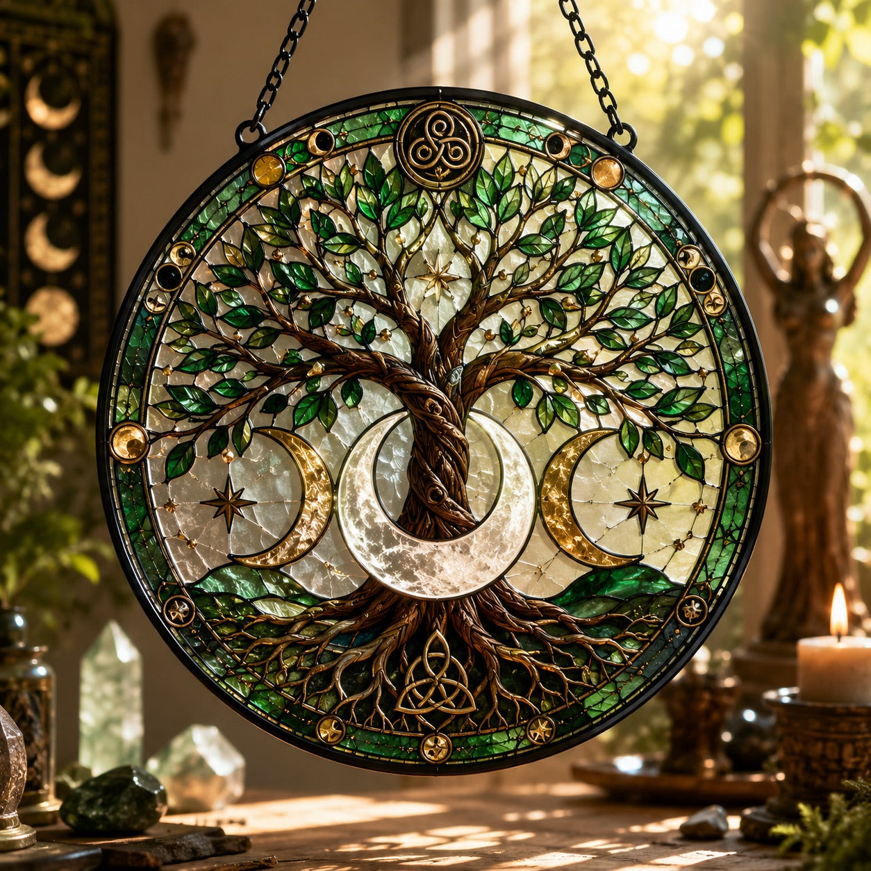 Crescent Moon Tree of Life Glass Suncatcher - window display