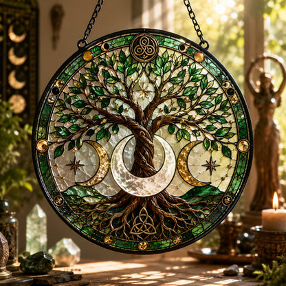 Crescent Moon Tree of Life Glass Suncatcher - window display