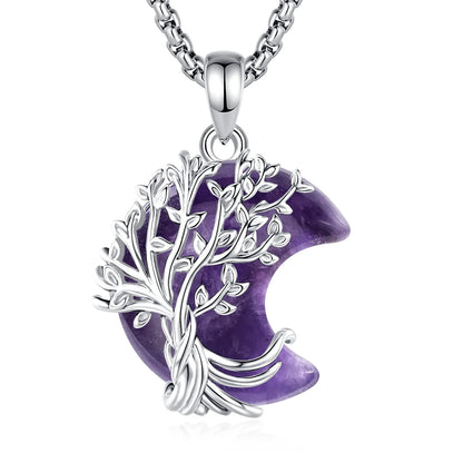 Tree pendant with purple crescent stone: Crescent Moon Tree of Life Necklace, featuring a branching tree of life over a crescent-shaped stone.