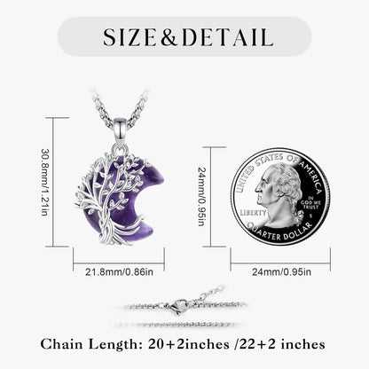 Stone and pendant measurement diagram: Crescent Moon Tree of Life Necklace, featuring a branching tree of life over a crescent-shaped stone.