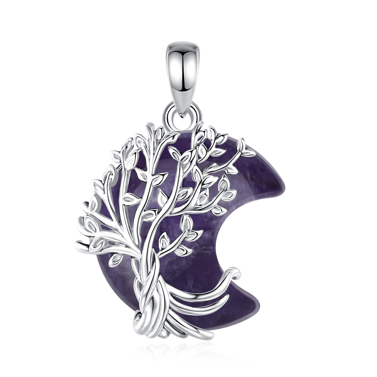 Purple stone pendant without chain: Crescent Moon Tree of Life Necklace, featuring a branching tree of life over a crescent-shaped stone.