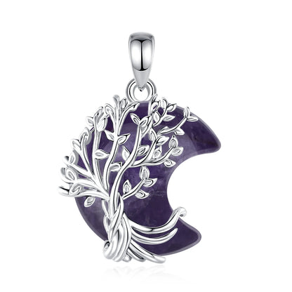 Purple stone pendant without chain: Crescent Moon Tree of Life Necklace, featuring a branching tree of life over a crescent-shaped stone.