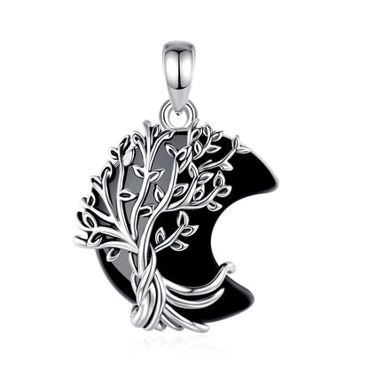 Dark stone pendant without chain: Crescent Moon Tree of Life Necklace, featuring a branching tree of life over a crescent-shaped stone.