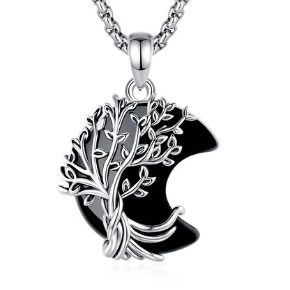 Tree of life crescent pendants: Crescent Moon Tree of Life Necklace, featuring a branching tree of life over a crescent-shaped stone.