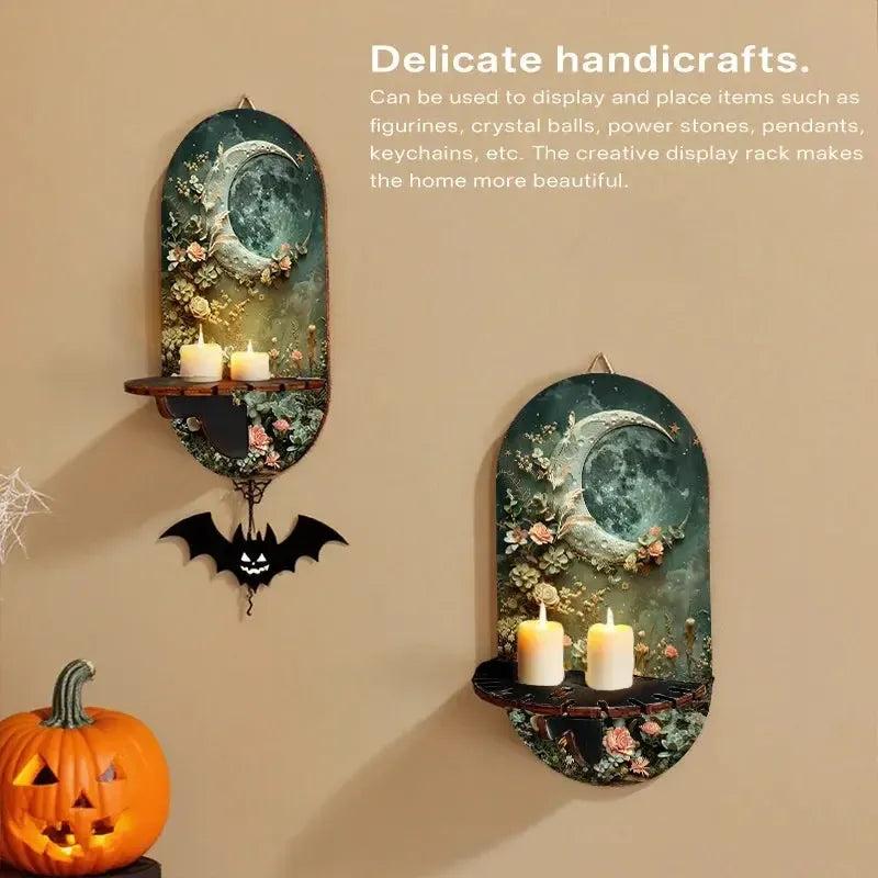 Crescent Moon Wall Shelf for Crystals & Candles – Wooden Mystical Floating Shelf Pagan Altar Decor-MoonChildWorld