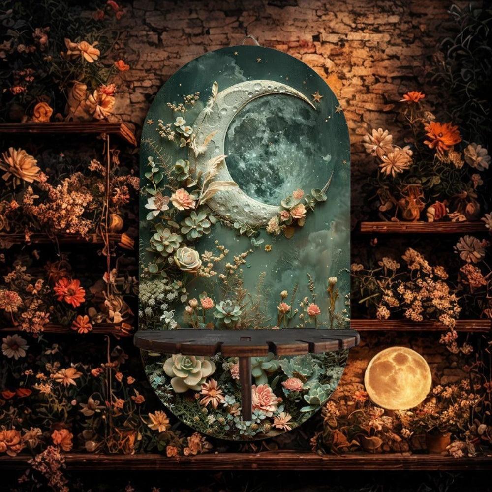 Crescent Moon Wall Shelf for Crystals & Candles – Wooden Mystical Floating Shelf Pagan Altar Decor-MoonChildWorld