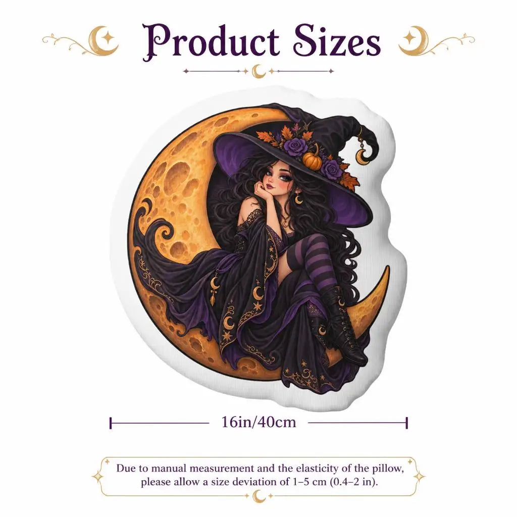 Size guide showing 16 inch / 40 cm: decorative plush pillow featuring witch and crescent moon artwork