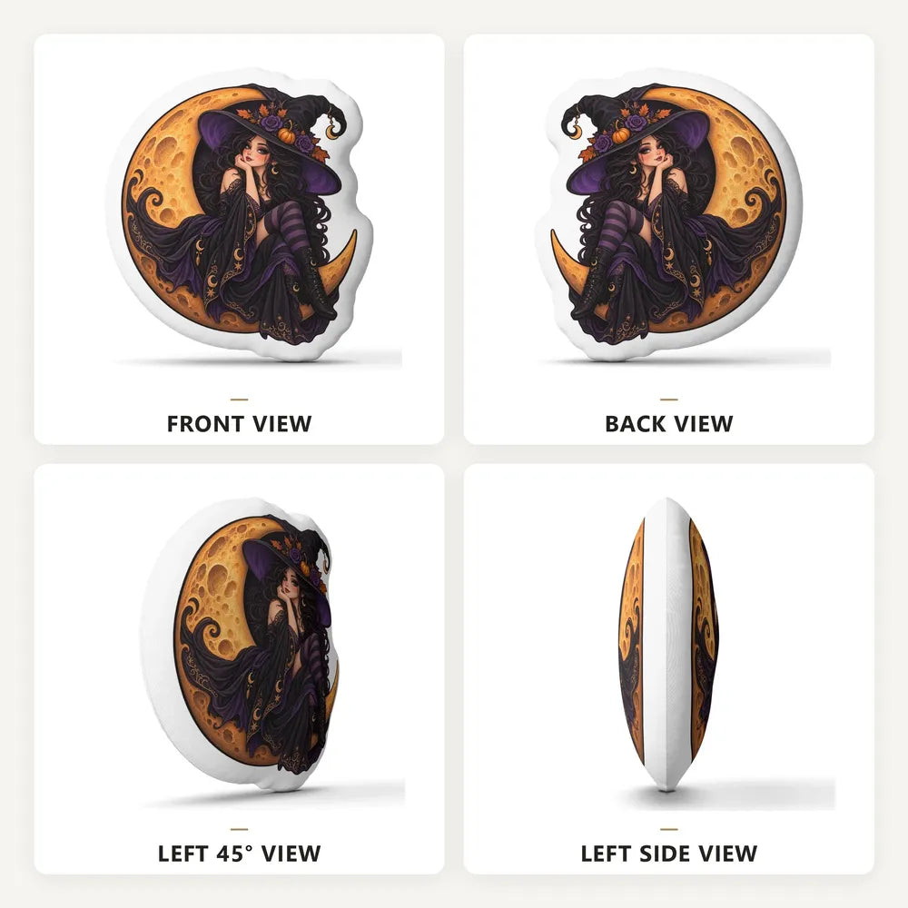 Front, back and side views: decorative plush pillow featuring witch and crescent moon artwork
