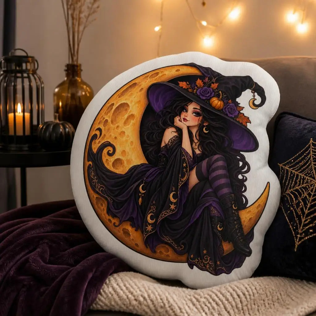 Styled room view: decorative plush pillow featuring witch and crescent moon artwork