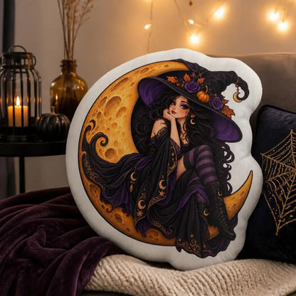 Styled room view: decorative plush pillow featuring witch and crescent moon artwork
