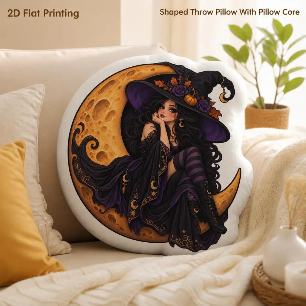 Printed pillow displayed on a sofa: decorative plush pillow featuring witch and crescent moon artwork