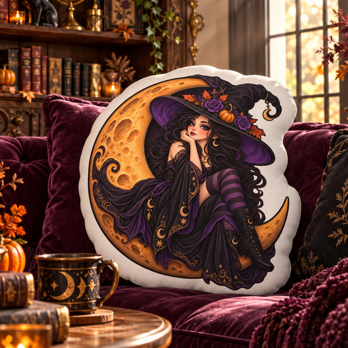 Crescent Moon Witch Shaped Pillow in a witchy room