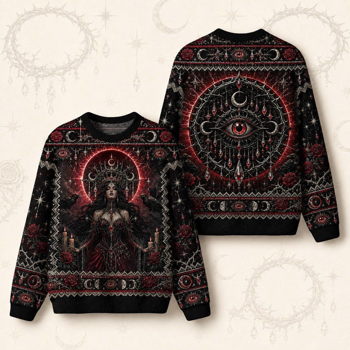 Crimson Halo Goddess Sweater Red Eye Mandala Gothic Knit front and back together