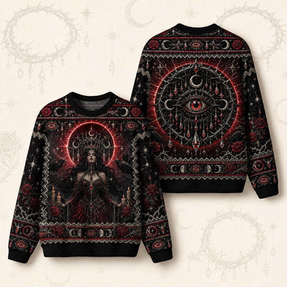 Crimson Halo Goddess Sweater Red Eye Mandala Gothic Knit front and back together
