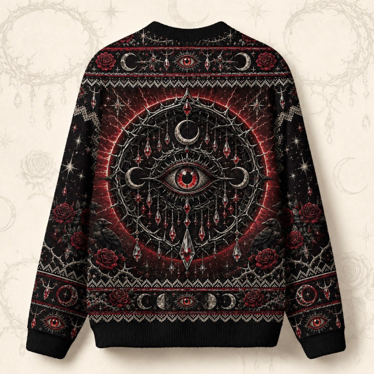Crimson Halo Goddess Sweater Red Eye Mandala Gothic Knit back view
