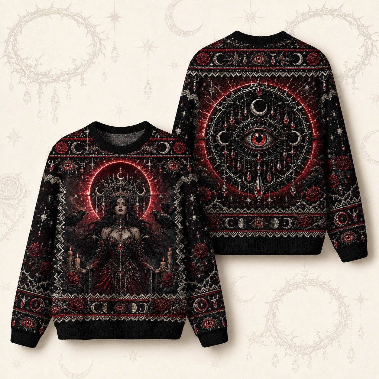 Crimson Halo Goddess Sweater Red Eye Mandala Gothic Knit front and back together